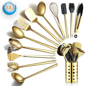 13 Pieces Gold Cooking Utensils Set; Stainless Steel Kitchen Utensils Set with Utensil Holder